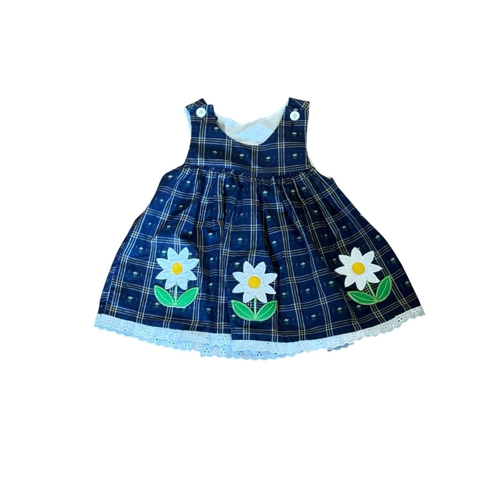 VTG Baby Girl Dress Daisy Appliqué‎ Preppy Plaid Good Lad Navy USA Sz 12 Mths